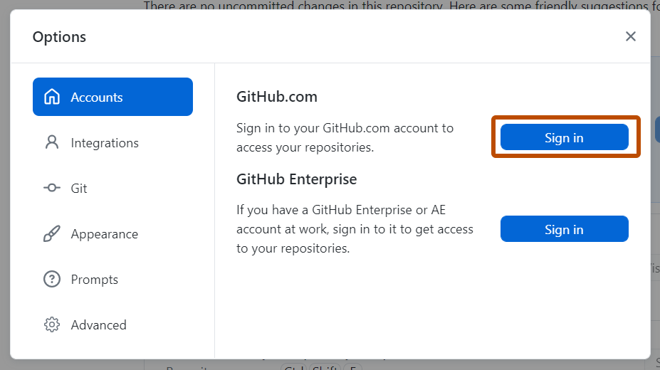 Screenshot of the "Accounts" pane in the "Options" window. Next to "GitHub.com", a button, labeled "Sign In", is outlined in orange.