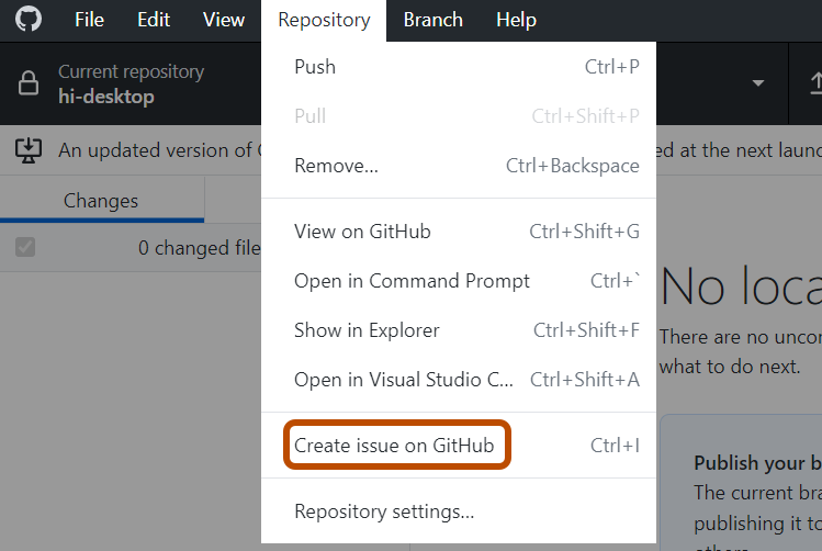 Screenshot of the "GitHub Desktop" menu bar on Windows. In the expanded "Repository" dropdown menu, an option labeled "Create Issue on GitHub" is outlined in orange.