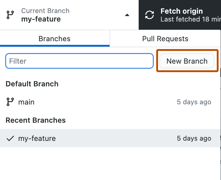 Screenshot of the "Current Branch" dropdown view. Next to the "Filter" field, a button, labeled "New Branch", is outlined in orange.