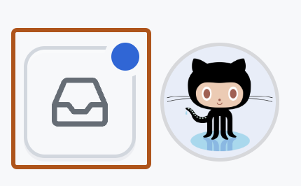 Screenshot of the right corner of the header of GitHub. An inbox icon has a blue dot, indicating that there are unread notifications.