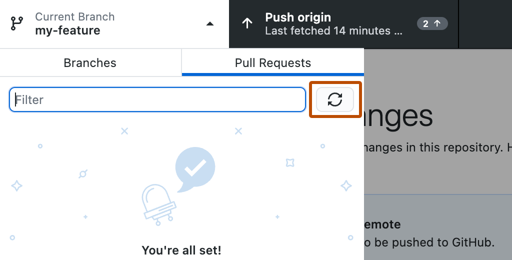 Screenshot of the "Pull Requests" tab. A button, labeled with an icon of two arrows forming a circle, is highlighted with an orange outline.