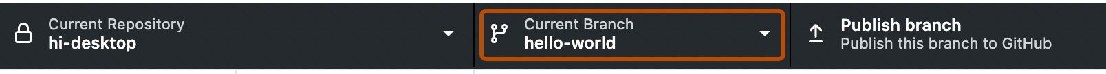 Screenshot of the repository bar. A button, labeled "Current Branch" with a downward arrow indicating a dropdown menu, is outlined in orange.