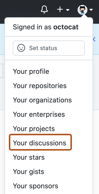 Screenshot of the account dropdown on GitHub Enterprise Server. The "Your discussions" option is outlined in dark orange.