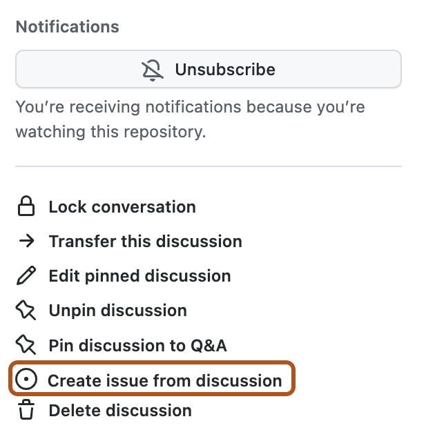 Screenshot of the sidebar in a discussion. The "Create issue from discussion" option is outlined in dark orange.
