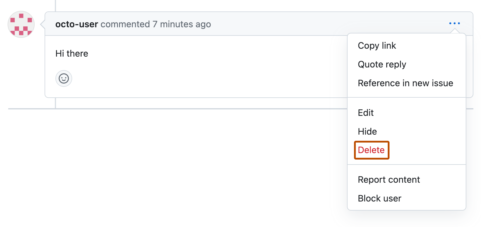 Screenshot of a pull request comment by octo-user. Below an icon of three horizontal dots, a dropdown menu is expanded, and "Delete" is outlined in orange.