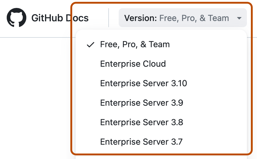 Screenshot of the header of GitHub Docs. The "Version" dropdown menu is expanded and highlighted with an orange outline.