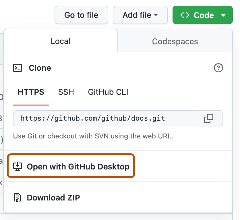 Screenshot of the "Code" dropdown for a repository. A button, labeled "Open with GitHub Desktop" is outlined in dark orange.