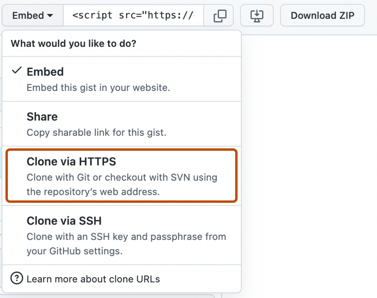 Screenshot of the "Embed" dropdown menu in GitHub Gist. The dropdown is expanded, and an option labeled “Clone via HTTPS” is outlined in dark orange.