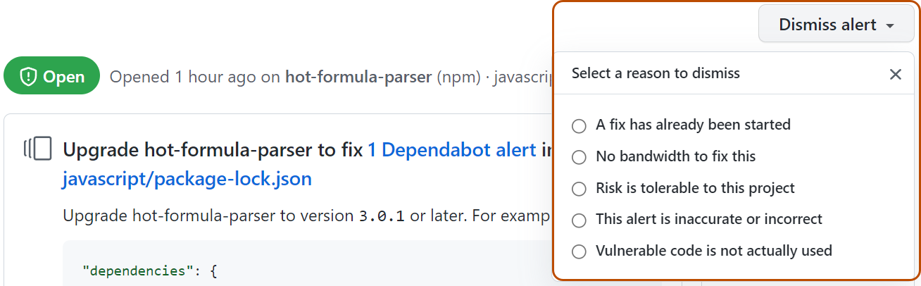 Screenshot of the page for a Dependabot alert, with the "Dismiss" dropdown and its options highlighted with a dark orange outline.
