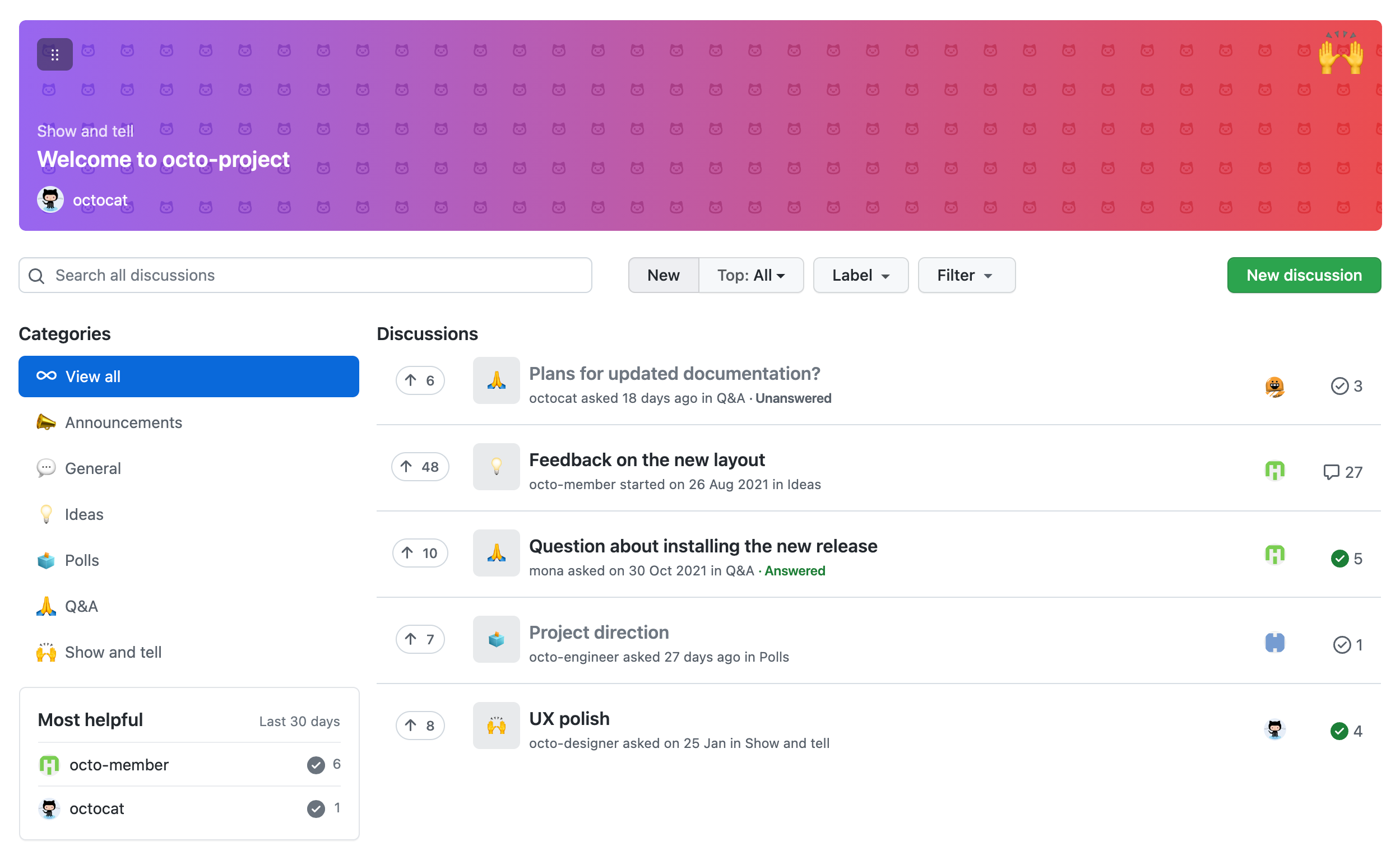 Screenshot of the "Discussions" page for a GitHub repository, showing a list of discussions such as "Feedback on the new layout" and "Project direction".