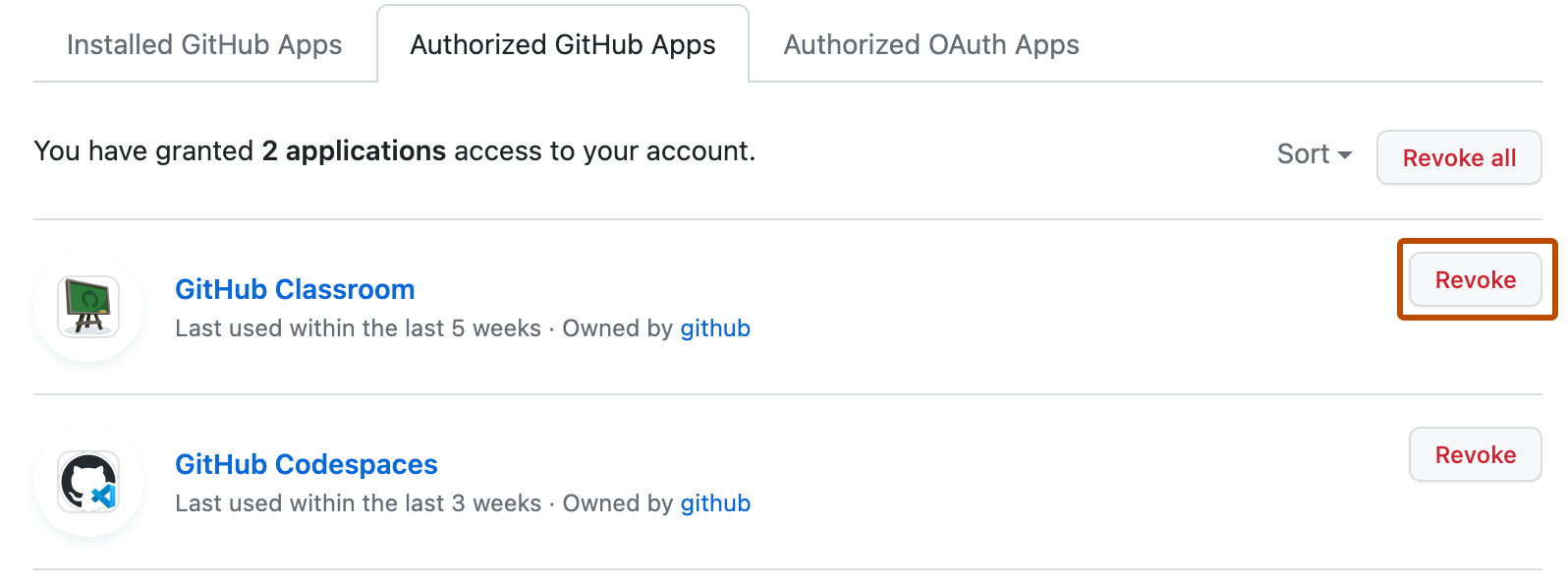 Screenshot of the "Authorized GitHub Apps" tab. Next to an app, a button, labeled "Revoke," is highlighted in orange.