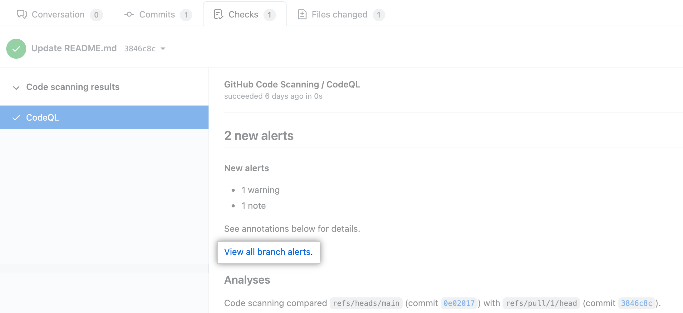 Screenshot of the Code scanning results check on a pull request. The "View all branch alerts" link is emphasised.