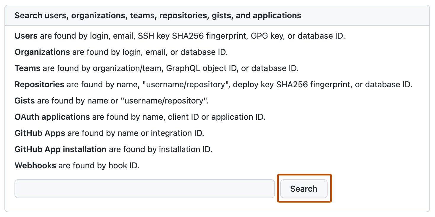 Screenshot of the "Search" page of the "Site admin" settings. The button to search users and organizations, labeled "Search," is highlighted with an orange outline.