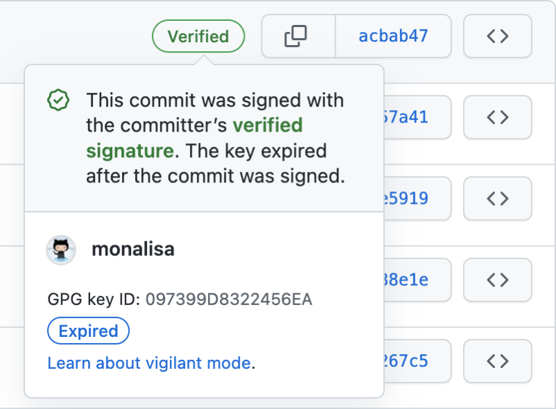 Screenshot of a list of commits. One commit is marked with a "Verified" label. Below the label, a dropdown explains that the commit was signed, but the key has now expired.