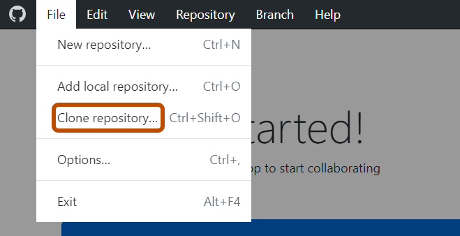 Screenshot of the "GitHub Desktop" menu bar on Windows. The "File" dropdown menu is expanded, and the "Clone Repository" option is highlighted with an orange outline.