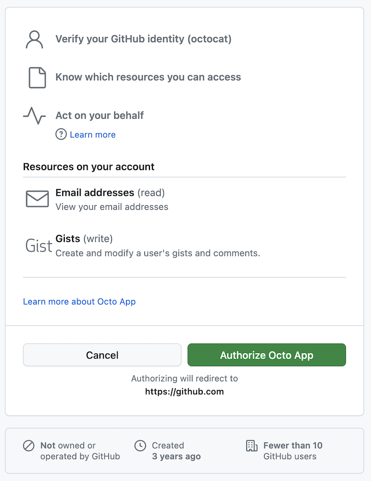Screenshot of the page to authorize a GitHub App. The app is requesting read access to email and write access to gists.