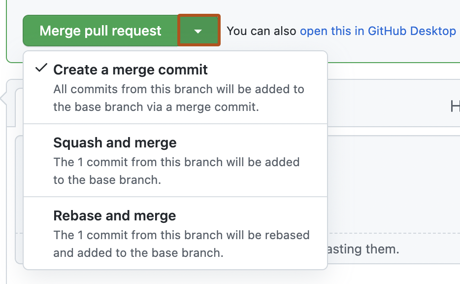 Screenshot of the merge options for a pull request. The arrow to expand the dropdown is outlined in dark orange.
