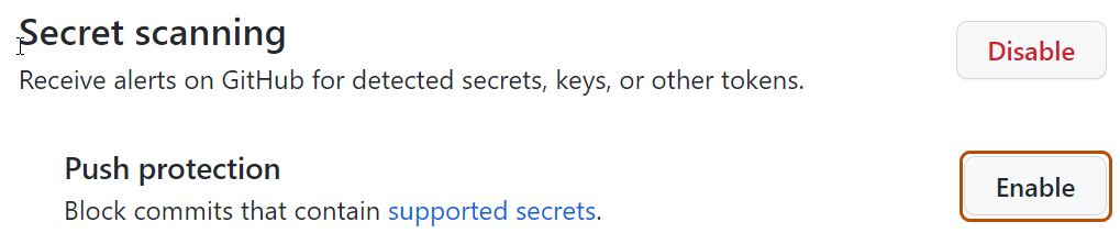 Screenshot showing how to enable push protection for secret scanning for a repository.