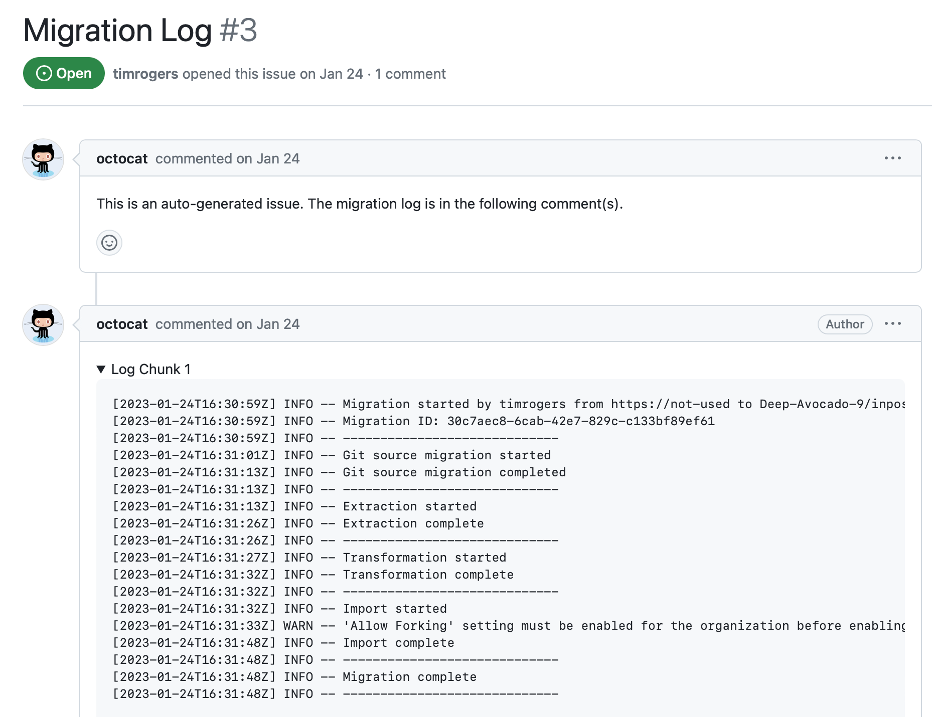 Screenshot of an issue with the title "Migration Log." The second comment in the issue includes logs for a migration.