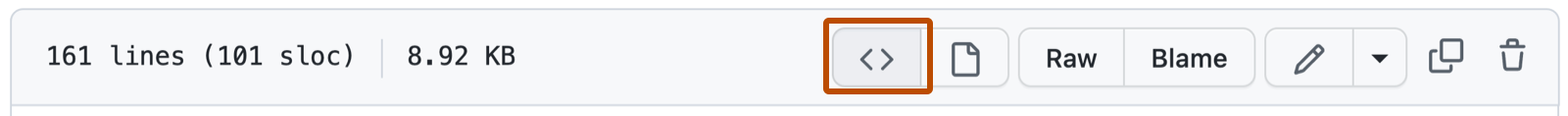 Screenshot of a Markdown file in a GitHub repository showing options for interacting with the file. The button to display the source blob is outlined in dark orange.