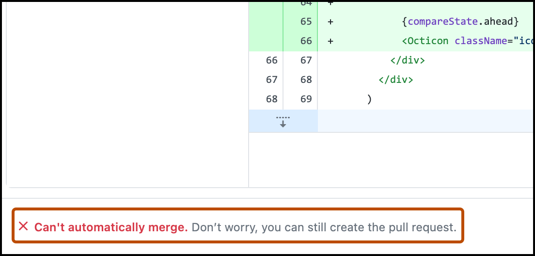 Screenshot of the "Open a Pull Request" dialog window. A status label stating "Can't automatically merge" is highlighted with an orange outline.