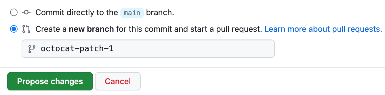 Screenshot of a GitHub pull request showing a radio button to commit directly to the main branch or to create a new branch. New branch is selected.