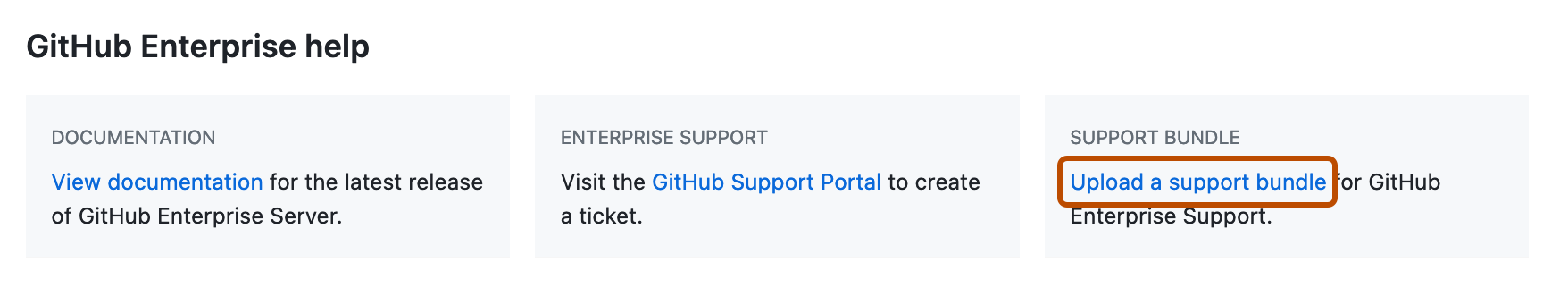 Screenshot of the "GitHub Enterprise help" section of the enterprise settings page. The "Upload a support bundle link" is highlighted with a dark orange rectangle.