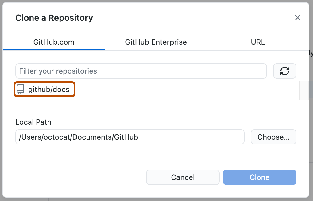 Screenshot of the "Clone a repository" window. The "github/docs" repository is highlighted with an orange outline.