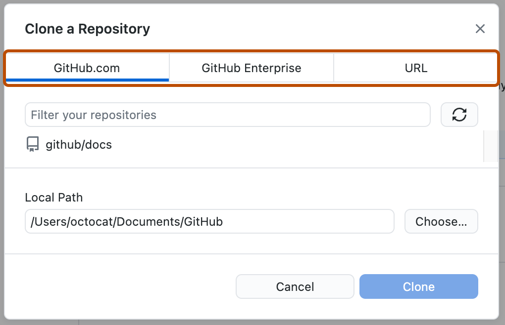 Screenshot of the "Clone a repository" window. At the top of the window, tabs labeled "GitHub.com", "GitHub Enterprise" and "URL" are highlighted with an orange outline.