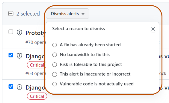 Screenshot of a list of alerts. Below the "Dismiss alerts" button, a dropdown labeled "Select a reason to dismiss" is expanded. The dropdown contains radio buttons for various options.