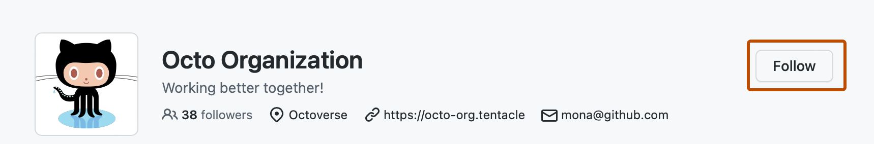 Screenshot of @octo-org's profile page. A button, labeled "Follow", is outlined in dark orange.