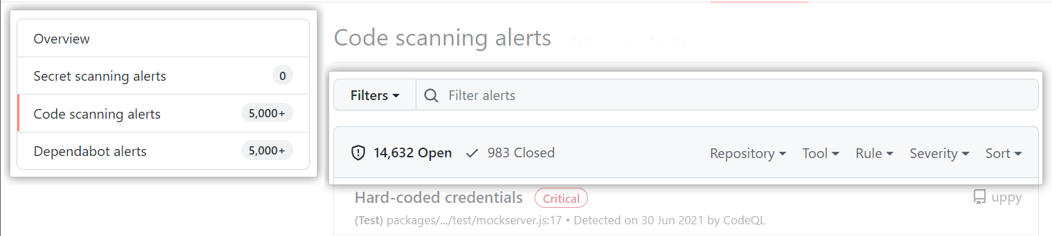 Screenshot of the code scanning alerts page on the "Security" tab. Features apart from filters, dropdown menus, and sidebar are grayed out.