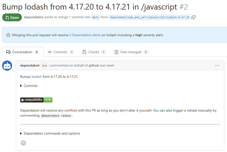 Screenshot of the pull request generated by Dependabot to fix the security vulnerability highlighted by the selected alert.