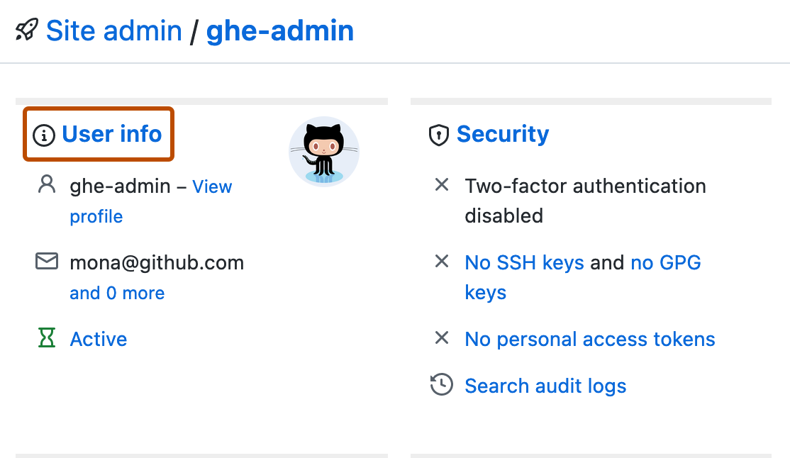 Screenshot of the "User info" section of the site admin page for a user. The "User info" heading is highlighted in dark orange. Under the heading, the user is marked as active.