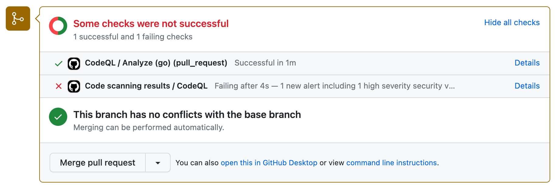 Screenshot of the merge box for a pull request. Next to the "Code scanning results / CodeQL" check is "1 new alert including 1 high severity security v..."