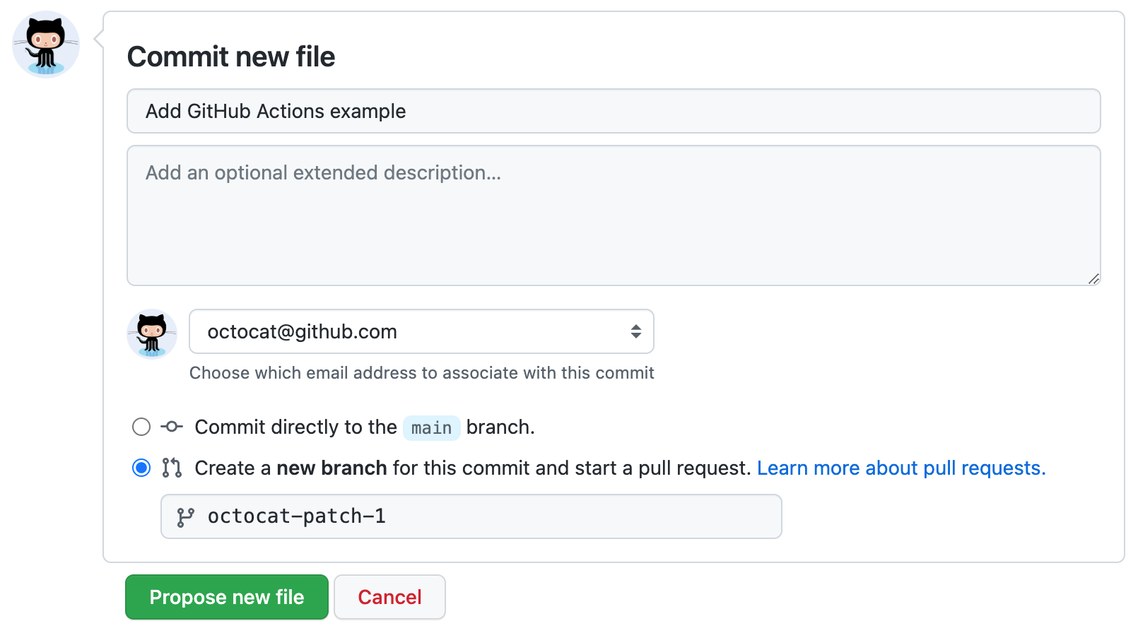Screenshot of the "Commit new file" area of the page.