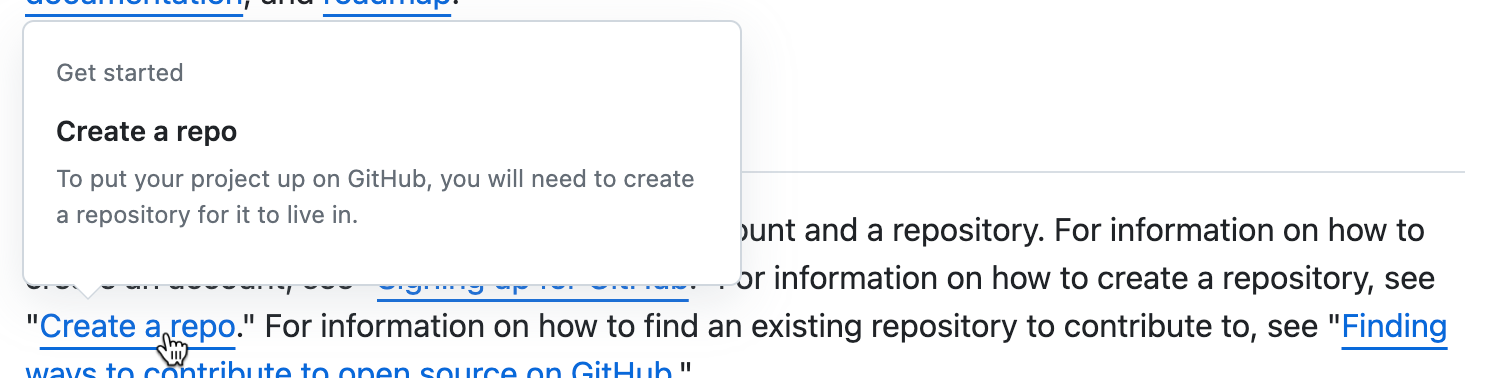 Screenshot of part of an article on GitHub Docs. A cursor hovers over a link to an article called "Create a repo," and a hover card displays the article's location, title, and introduction.