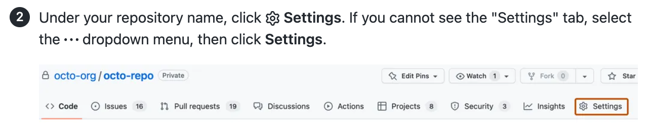 Screenshot of an article showing instructions and a UI screenshot for locating the Settings page in a GitHub repository.