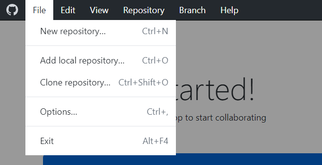 Capture d'écran de la barre de menus « GitHub Desktop » sur Windows. Les actions pour les dépôts sont listées dans le menu déroulant « Fichier » ouvert.