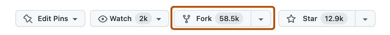 Снимок экрана: четыре меню параметров в репозитории GitHub. В меню с надписью "Форк" отображается число вилок 58,5k и выделено темно-оранжевым цветом.