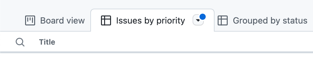 Captura de pantalla de una pestaña para una vista con la etiqueta "Problemas por prioridad". Junto al nombre de la vista, un icono desplegable está marcado por un punto azul.