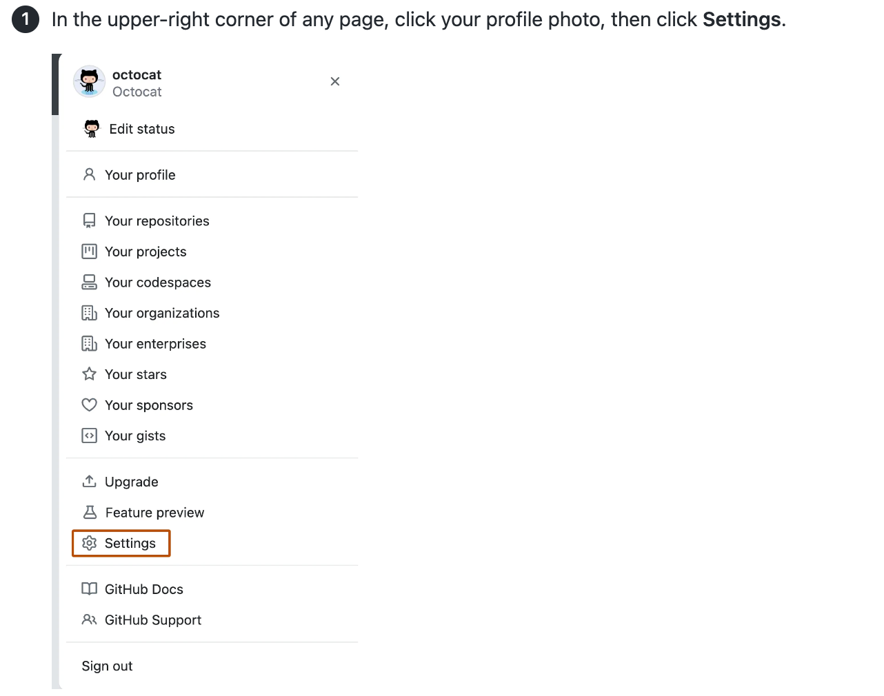 Снимок экрана: статья с инструкциями и снимок экрана пользовательского интерфейса для поиска элемента меню "Параметры" в меню учетной записи пользователя GitHub.