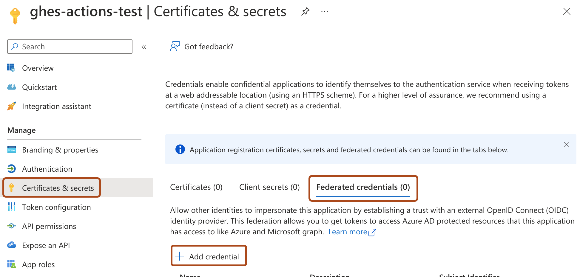 Screenshot of the "Federated credentials" page in Entra ID. The "Certificates & secrets" tab, the "Federated credentials" tab, and the "Add credential" button are highlighted with orange outlines.