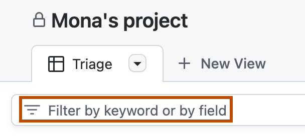 Captura de pantalla del "proyecto de Mona". Un campo con la etiqueta "Filtrar por palabra clave o por campo" aparece resaltado con un contorno naranja.