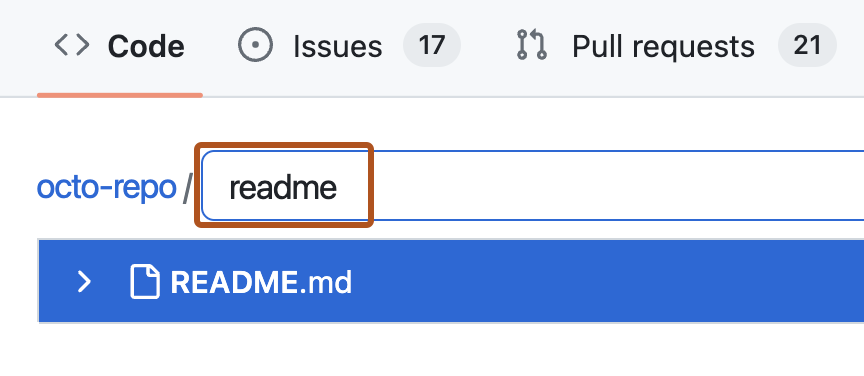 Снимок экрана: панель поиска для поиска файла в репозитории. Строка поиска содержит термин readme, а в строке поиска — ссылка на файл, который является результатом поиска , "README.md". Панель поиска выделена темно-оранжевым цветом.