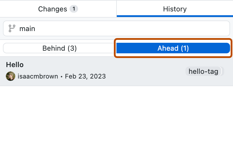 “历史记录”选项卡的屏幕截图。在提交列表上方，输入“main”作为要比较的分支，标有“Ahead”的选项卡以橙色标出。