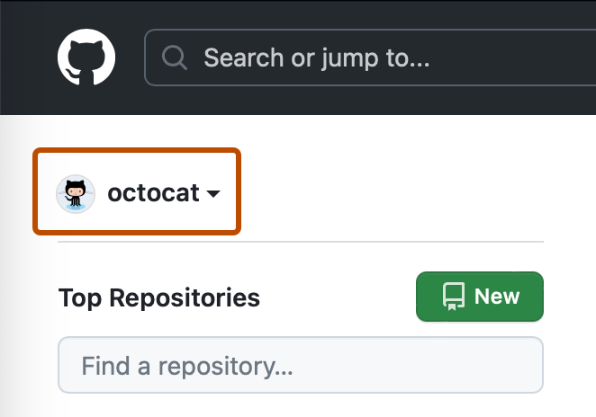 사용자 대시보드 페이지의 스크린샷. 왼쪽 위 모서리에는 "octocat" 및 아래쪽 화살표로 레이블이 지정된 드롭다운 메뉴가 진한 주황색으로 표시됩니다.