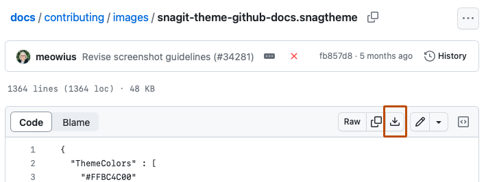 ‘snagit-theme-github-docs.snagtheme’ 파일 보기의 스크린샷 파일 머리글에서, 다운로드 아이콘으로 레이블이 지정된 단추가 진한 주황색으로 표시됩니다.