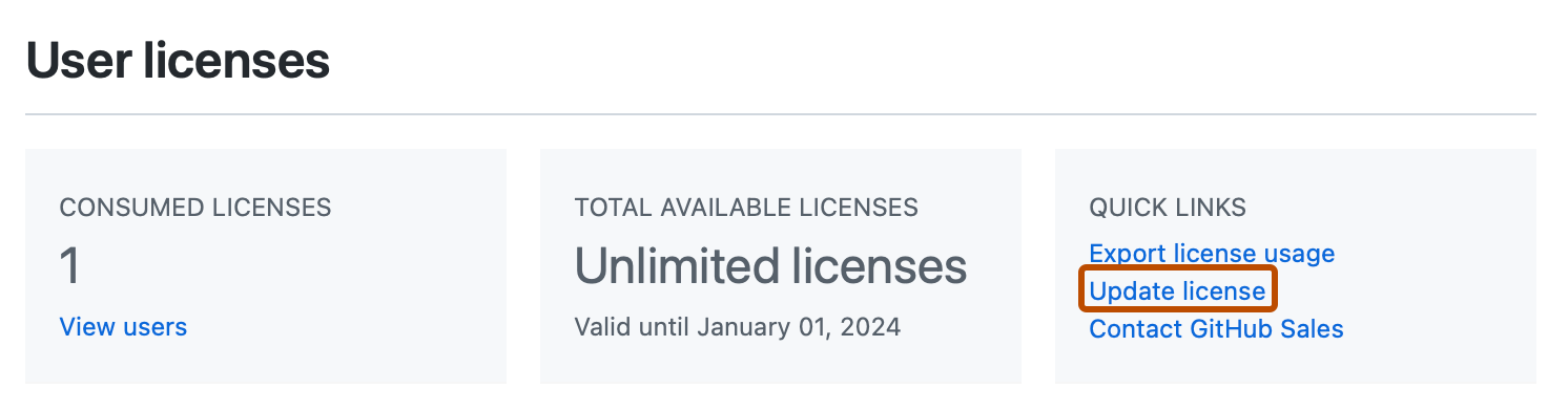 Captura de tela da seção "Licenças de usuário" da página "Licença". Um link, rotulado como "Atualizar licença", está contornado em laranja escuro.