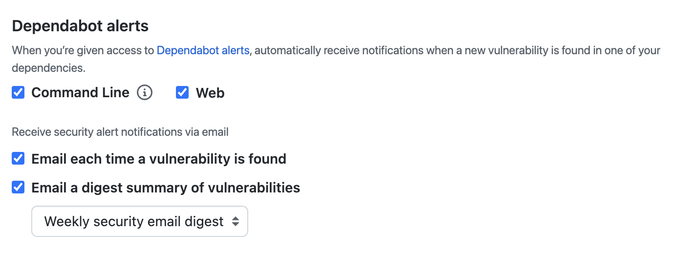 Captura de pantalla de las opciones de notificación de Dependabot alerts.